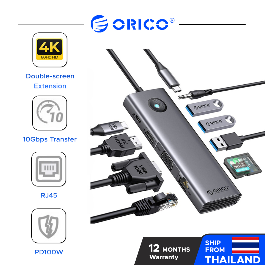 Orico ประเภท C HUB USB C ถึง HDMI 4K30Hz Docking Station RJ45 PD100W ชาร์จอุปกรณ์เสริมแล็ปท็อป (PW11)