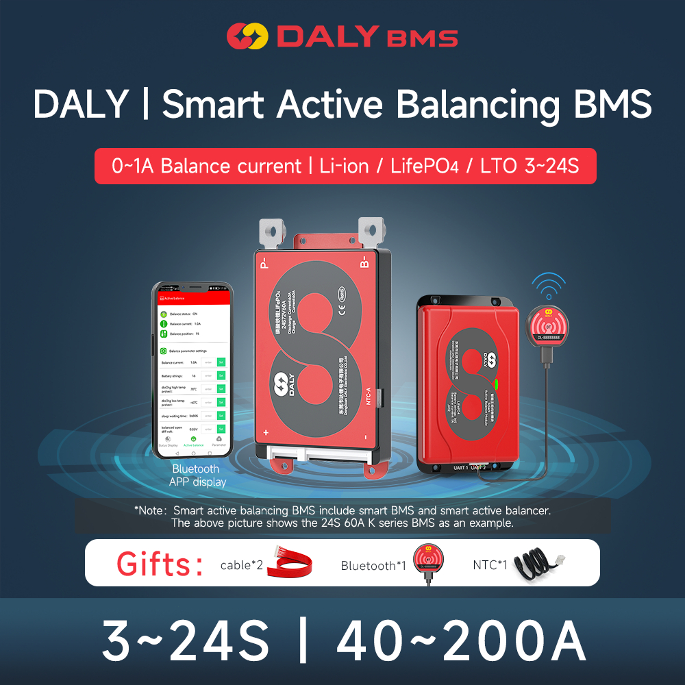 Daly Hardware BMS + Smart Active Balancer พร้อม BT 1A Current 4S 8S 12S 15S 16S 20S 24S High Current 100A 150A 200A LiFePO4 แบตเตอรี่