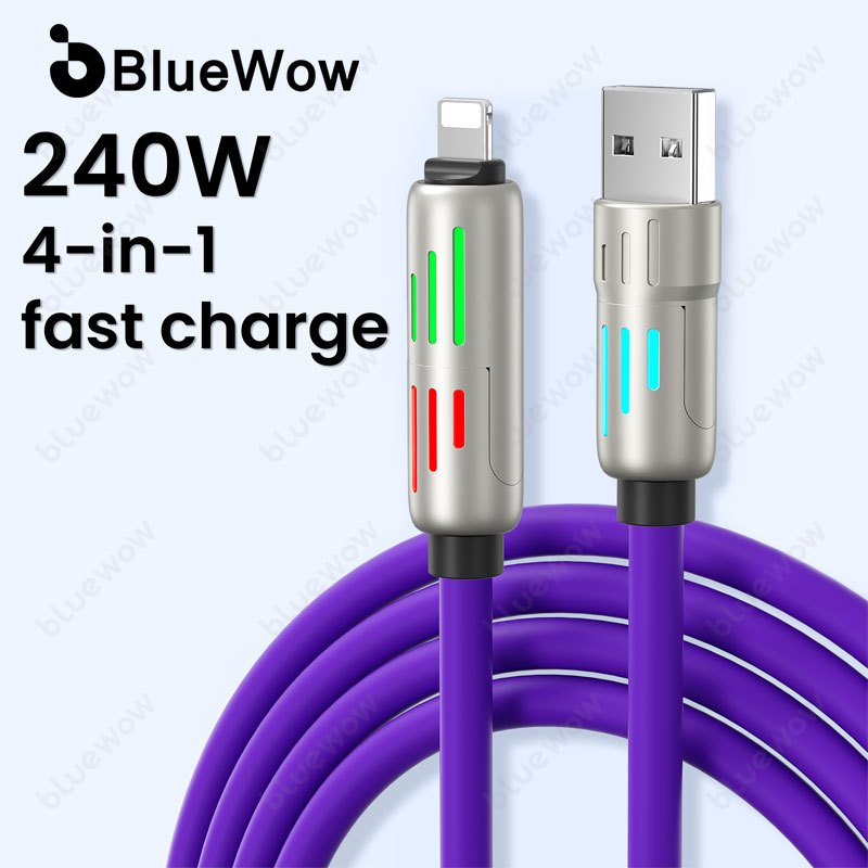 Bluewow 4 in 1 ซิลิโคน 240W สายชาร์จเร็ว USB Type C ถึง USB C สาย PD สายโทรศัพท์มือถือ