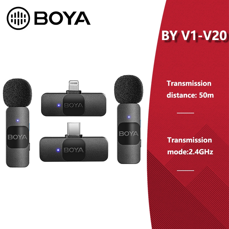 Boya BY-V1 V2 2.4G ไร้สาย Lavalier Lapel ไมโครโฟนสําหรับ iPhone Android SmartPhone PC คอมพิวเตอร์ USB-C อุปกรณ์ Youtube การบันทึกสตรีมมิ่ง