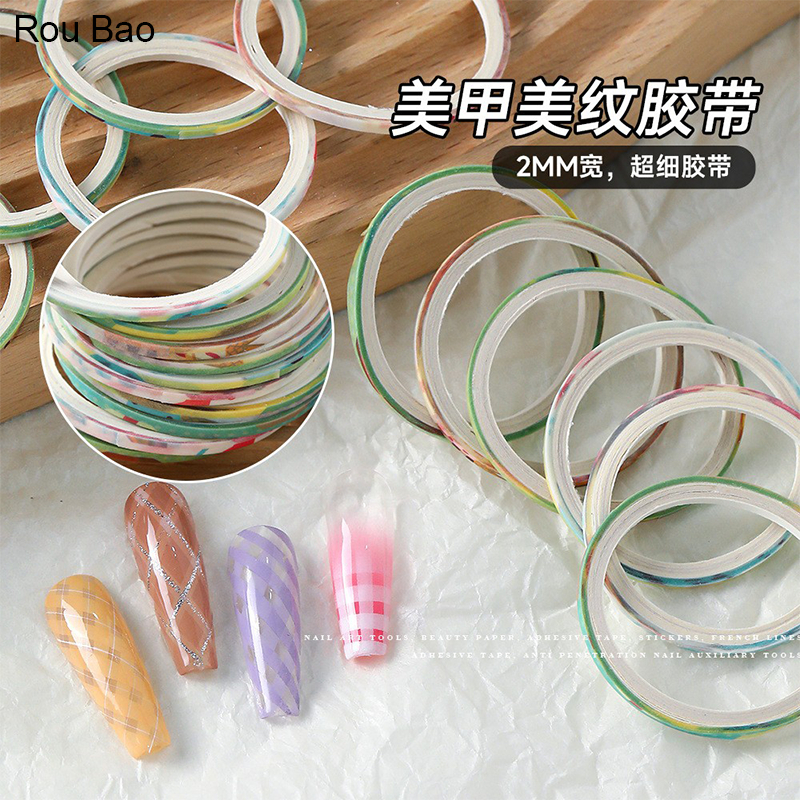 Rou Bao 10 ม้วนเล็บ 2 มม.เทปกาวรูปแบบตารางภาษาฝรั่งเศสคําแยกผงภาษาโปลิชคํากาวเทปเล็บ Art DIY เครื่องมือเสริม
