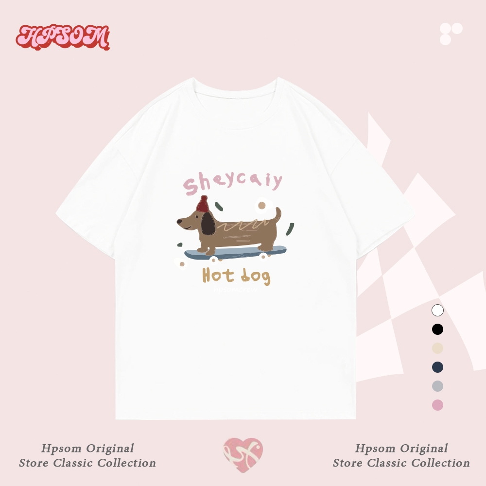 เสื้อยืดแขนสั้นผู้หญิง Hpsom ผ้าคอตตอนแท้ ลายพิมพ์สุนัขพันธุ์ดัชชุน น่ารักสดใส สไตล์เกาหลี