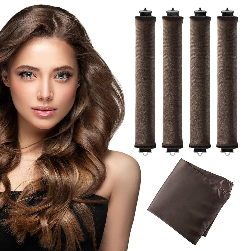 Overnight Blowout Rods Heatless Curls - เครื่องม้วนผม 4 ชิ้นเพื่อนอนหลับใน, ลูกกลิ้งผมกํามะหยี่พร้อมผ้าพันคอผ้าซาติน, สีน้ําตาล
