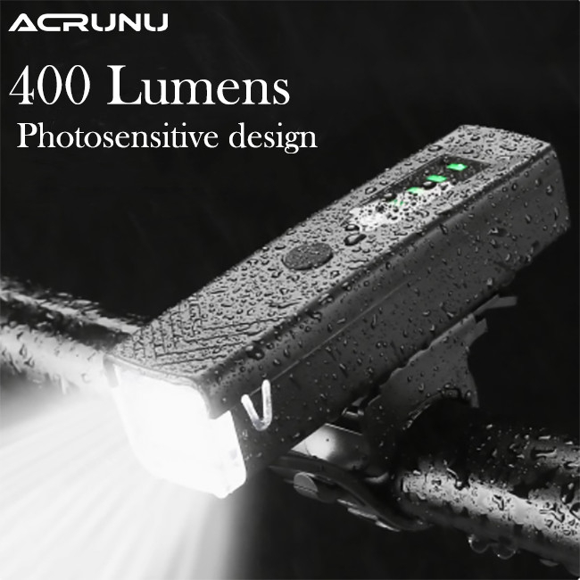 ACRUNU ไฟหน้าจักรยาน 400 Lumens Type-C ไฟหน้าจักรยานแบบชาร์จไฟได้ 2000mAh อุปกรณ์เสริมสำหรับปั่นจักรยาน
