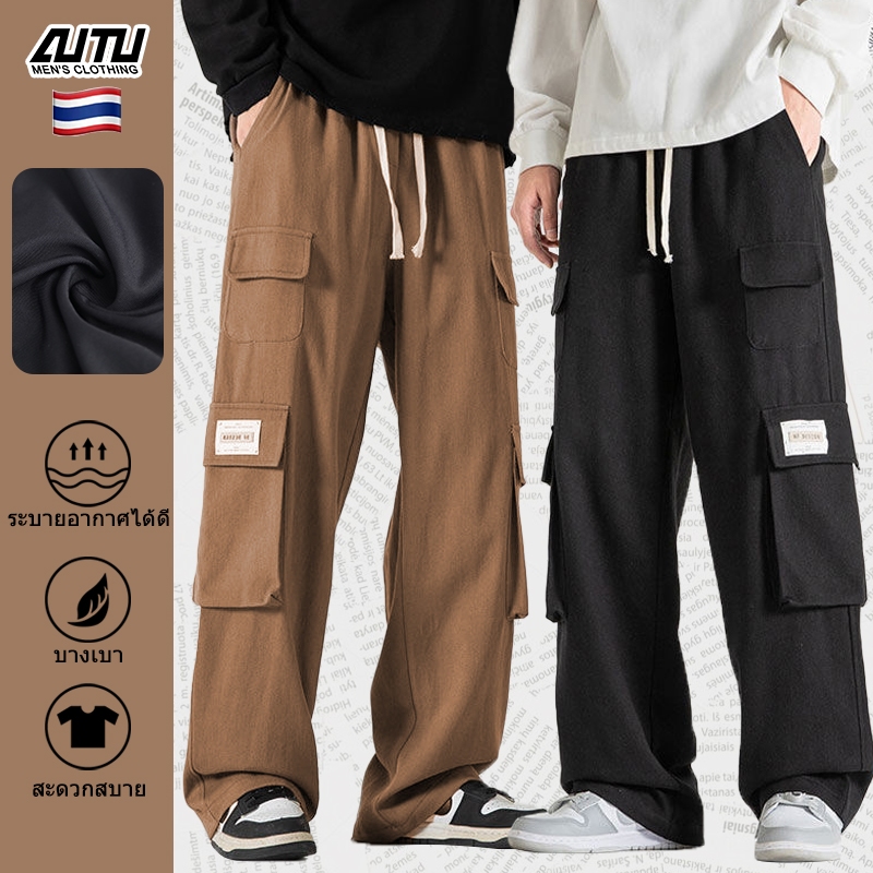 AUTU กางเกงคาร์โก้ผู้ชาย เอวยางยืด กางเกงขายาว สไตล์วินเทจ สตรีท มีกระเป๋าข้าง ทรงหลวม ใส่สบาย สีดำ น้ำตาล จัดส่งรวดเร็ว