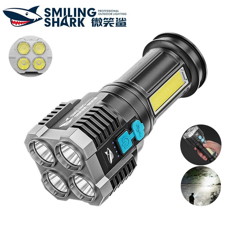 SmilingShark 863 ไฟฉาย led ทรงพลัง 4 * LED คบเพลิง ซุปเปอร์ไบร์ท ด้วยซังฟลัดไลท์ 4โหมด ชาร์จ USB ได้ พร้อมไฟแสดงสถานะแบตเตอรี่ กันน้ำสำหรับงานเดินป่าตั้งแคมป์