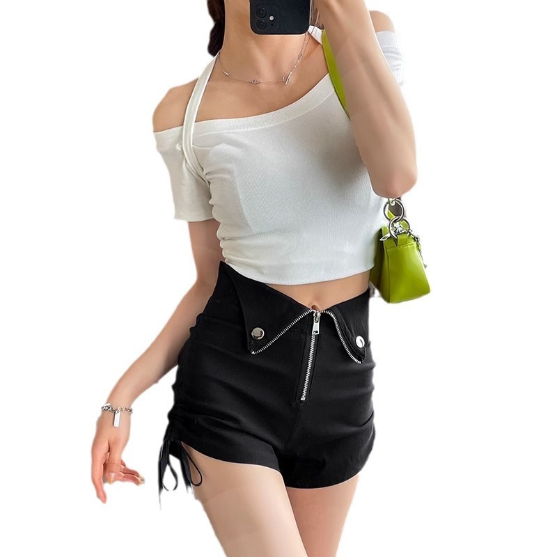 🔥ส่งไวจากไทย🔥 MSD ฤดูร้อนบวกขนาดยีนส์สีดำกางเกงขาสั้นผู้หญิงเอวสูง Drawstring ซิป(S-5XL) - รูปที่ 7