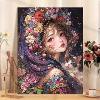 【ORFON】 40×50cm ระบายสีตามตัวเลข/สาวลึกลับและแมว/ภาพระบายสี/…