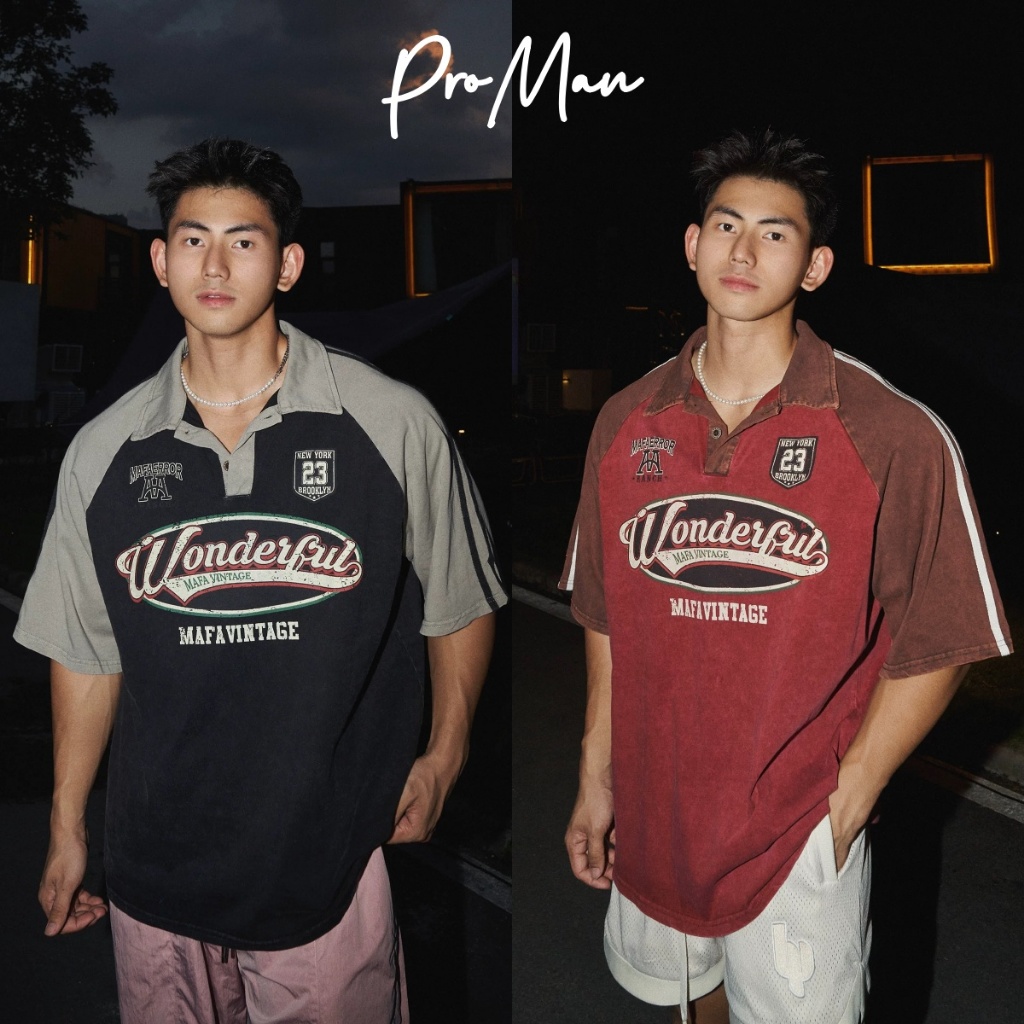 ProMan-เสื้อโปโลสีตัดกันวินเทจสไตล์อเมริกัน ชุดคู่รัก พิมพ์ลายตัวอักษร ทำเก่า แบบหลวม