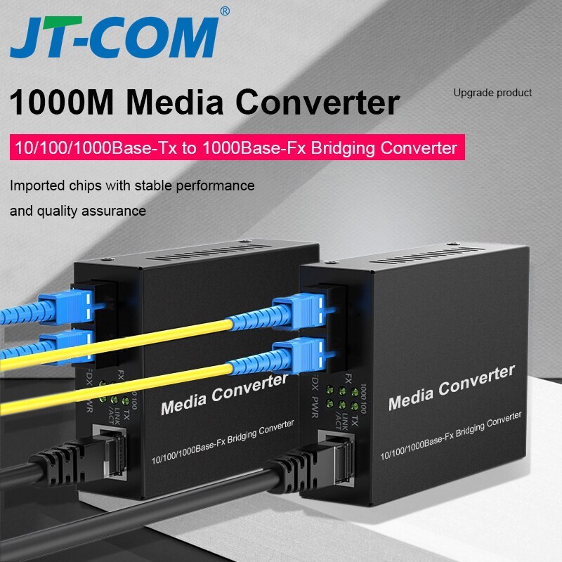 JT-COM Gigabit Ethernet Fiber Media Converter พร้อมตัวรับส่งสัญญาณ SC แบบ Singlemode 1Gb,10_100_1000