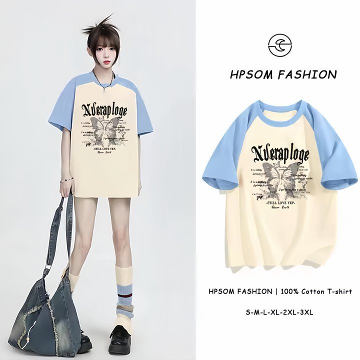 เสื้อยืดแขนสั้นผู้หญิง HPSOM ผีเสื้อสีชมพู ผ้าฝ้าย 100% เสื้อยืดโอเวอร์ไซส์ทรงหลวม