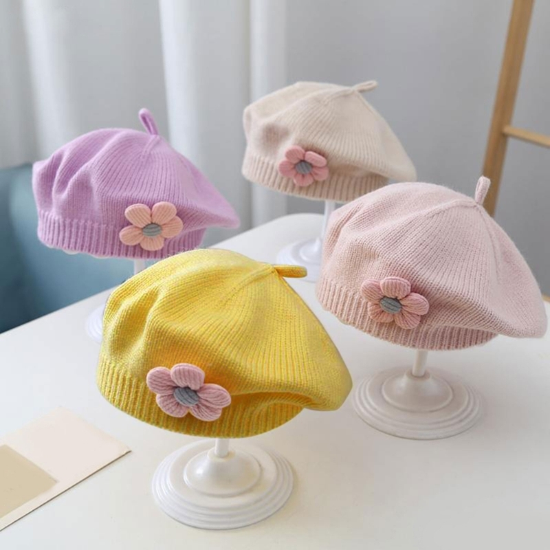 Wit ดอกไม้ตกแต่ง Baby Beret หมวกฤดูหนาวที่อบอุ่นถัก Beanies หมวกสําหรับเด็กทารก