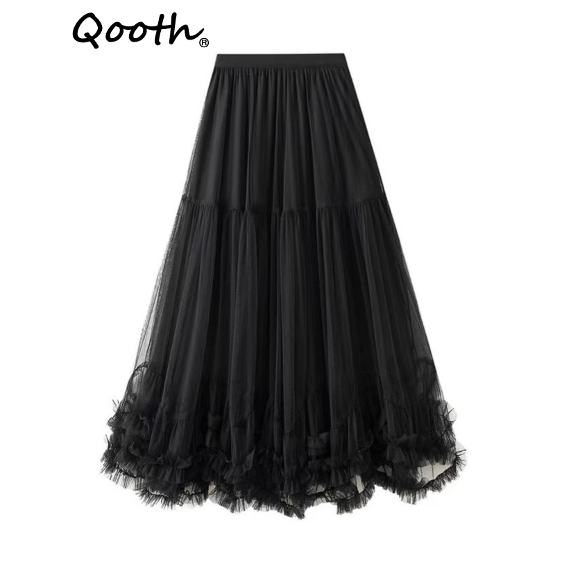 Qooth ผู้หญิง Elegant ขนาดใหญ่ Swing กลางความยาวตาข่ายกระโปรงเอวสูง Slimming A-line Ball ชุดกระโปรง QT2227