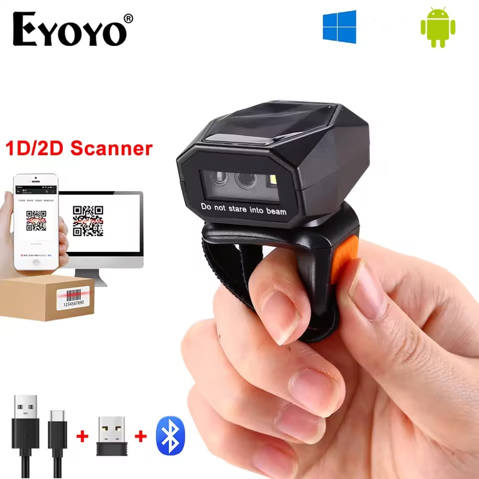 Eyoyo 2D แหวนสวมใส่ Barcode Scanner มินิแบบพกพา 3-in-1 USB แบบมีสาย & 2.4G ไร้สายและบลูทูธ QR ภาพ 1D Bar Code Reader
