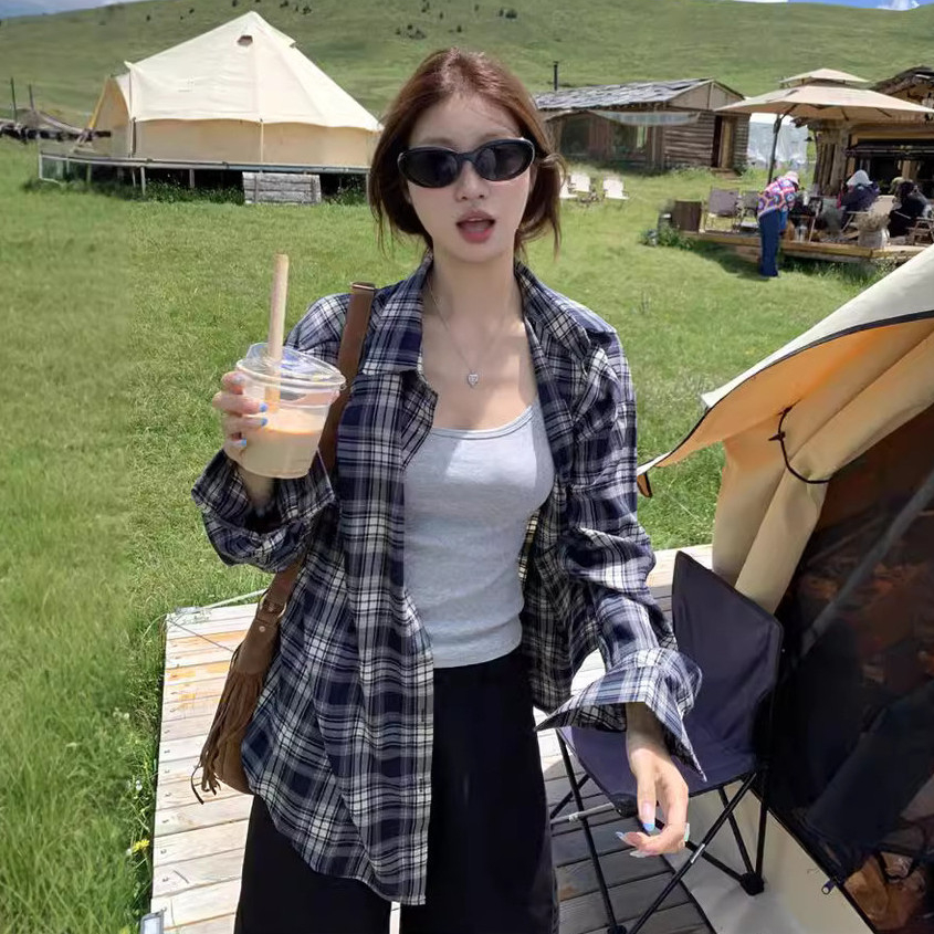 Rommers เสื้อเชิ้ตลายสก๊อตสีกรมท่าสไตล์เกาหลีหลวมสบายๆเสื้อแขนยาว