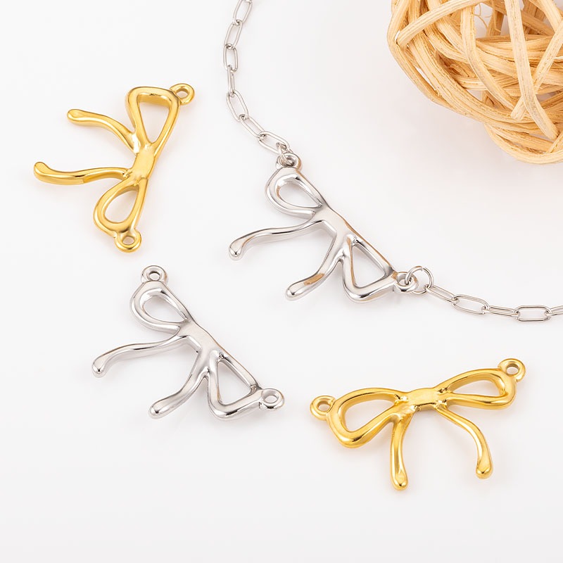 สแตนเลสโบว์จี้เครื่องประดับอุปกรณ์ diy 18K Gold Double-hole Charms Clavicle Chain จี้