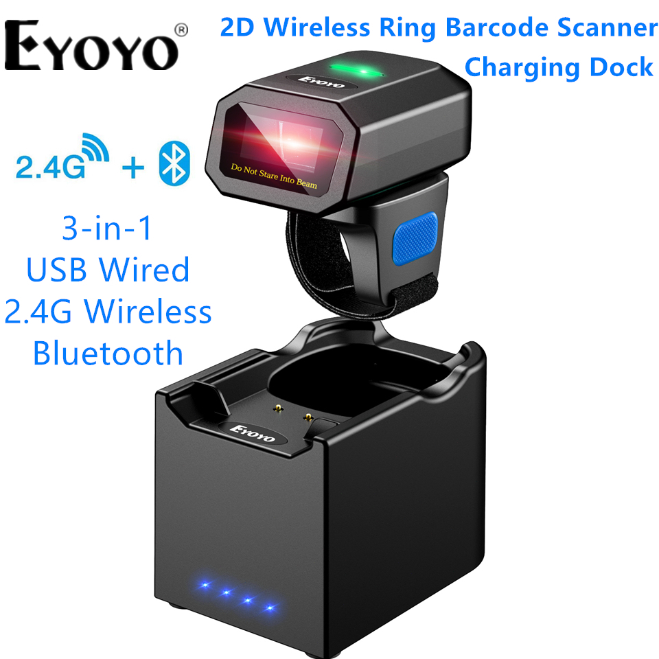 Eyoyo สวมใส่แหวนนิ้วมือ 2.4G ไร้สาย 2D Barcode Scanner ผ่าน Bluetooth & USB แบบมีสายเชื่อมต่อ Mini Q