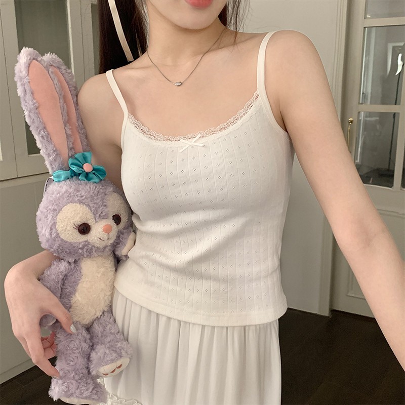 70467 เสื้อสายเดี่ยว ผ้าลูกไม้ ลายดอกไม้ ประดับโบว์ สําหรับผู้หญิง