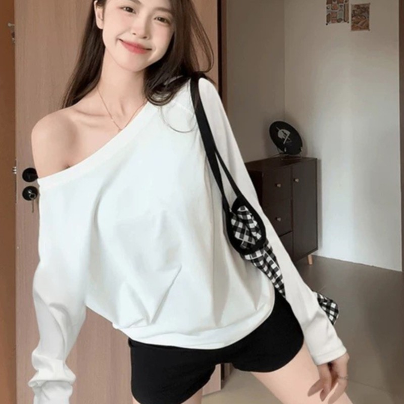 【WJZ】เสื้อยืดแขนยาวสีทึบแฟชั่นเซ็กซี่ของผู้หญิง【6958】