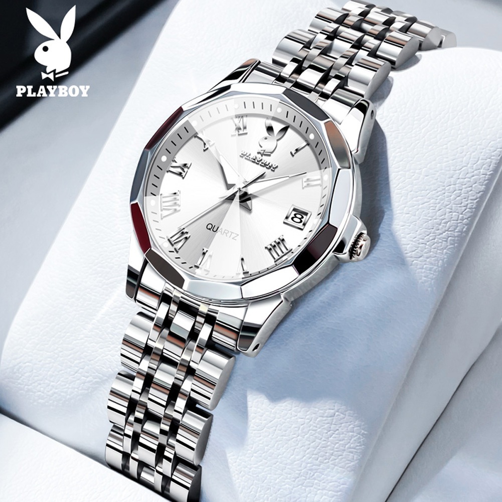 ‌นาฬิกาสตรี Playboy รุ่น 3502 แท้ 100% ✦ แถมกล่องหรูฟรี! ✦ ตารางวันที่ ✦ กันน้ำ ✦ สายสแตนเลสควอตซ์‌