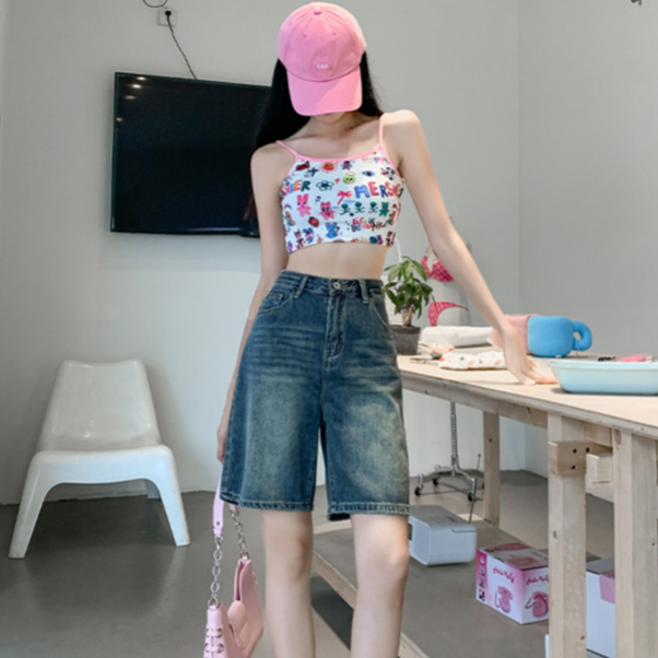 S-7XL 2 สี กางเกงยีนส์ขาสั้น ทรงขากว้าง เอวสูง ทรงตรง กางเกงขายาวสไตล์ย้อนยุค 5 แต้ม