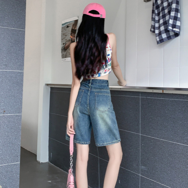 S-7XL 2 สี กางเกงยีนส์ขาสั้น ทรงขากว้าง เอวสูง ทรงตรง กางเกงขายาวสไตล์ย้อนยุค 5 แต้ม - รูปที่ 2