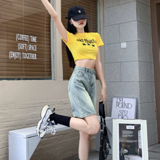 S-7XL 2 สี กางเกงยีนส์ขาสั้น ทรงขากว้าง เอวสูง ทรงตรง กางเกงขายาวสไตล์ย้อนยุค 5 แต้ม - รูปที่ 4