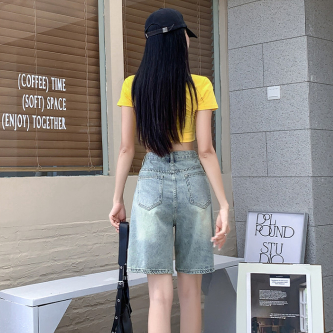 S-7XL 2 สี กางเกงยีนส์ขาสั้น ทรงขากว้าง เอวสูง ทรงตรง กางเกงขายาวสไตล์ย้อนยุค 5 แต้ม - รูปที่ 5