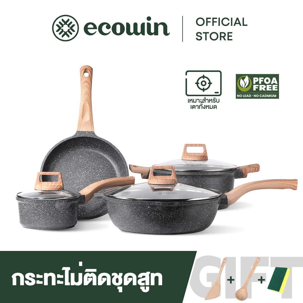 Ecowin ชุดเครื่องครัว กระทะไม่ติดกระทะ กระทะ หม้อซุป ซอส PFOA PTFE สําหรับเตาทุกประเภท 3 4 ชิ้น