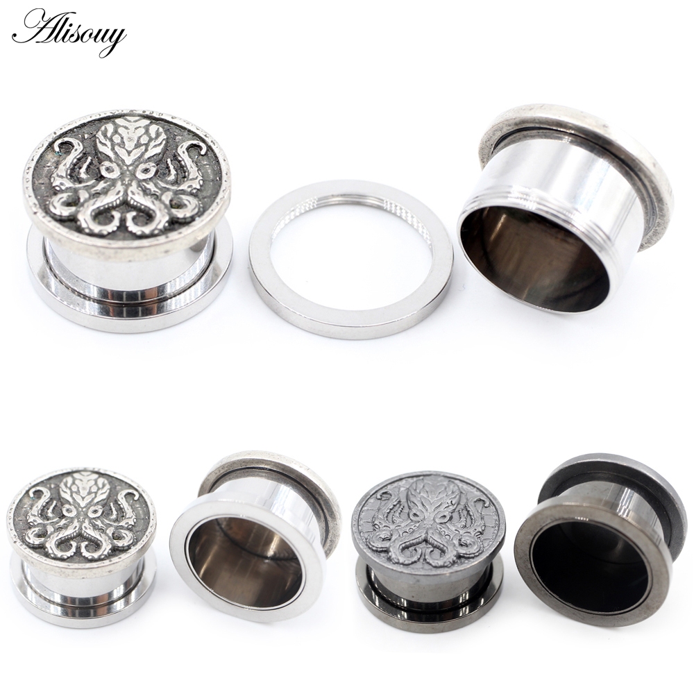 Alisouy 2 ชิ้น 8 มม.-25 มม.Retro Octopus สแตนเลสอุโมงค์หูปลั๊ก Expander Stretcher Gauge ต่างหูเจาะเครื่องประดับ