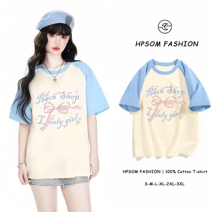 เสื้อยืดแขนสั้นคอปกกลม HPSOM ผ้าฝ้ายทรงหลวม ลายโบว์สีชมพูสไตล์เกาหลี เหมาะสำหรับผู้หญิง