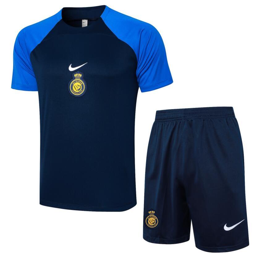 2024-25 Riyadh สีฟ้าชุดฝึกซ้อมฟุตบอลชายฤดูร้อนแขนสั้นเสื้อฟุตบอลกางเกงขาสั้นTracksuitsกระเป๋าชายกีฬาวิ่งจ๊อกกิ้งโพลีเอสเตอร์S-2XL