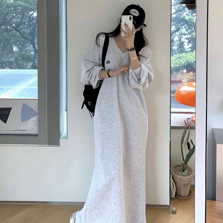 Suxi ชุดเดรสยาว แขนยาว คอวี พิมพ์ลายตัวอักษร ทรงหลวม สไตล์เกาหลี สําหรับสตรี