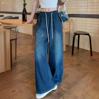 S-6XL กางเกงยีนส์ขากว้างเอวสูงย้อนยุคสำหรับผู้หญิงที่มีเอวยางยืดแบบมีเชือก กางเกงขายาวทรงตรงยาวถึงพื้นแบบหลวมๆ
