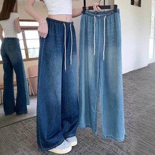 S-6XL กางเกงยีนส์ขากว้างเอวสูงย้อนยุคสำหรับผู้หญิงที่มีเอวยางยืดแบบมีเชือก กางเกงขายาวทรงตรงยาวถึงพื้นแบบหลวมๆ