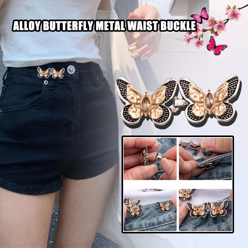 YUNYUAN สีดําทองผีเสื้อเอวปุ่มหัวเข็มขัดที่ถอดออกได้เล็บฟรีและตะเข็บปุ่มเอวเอวเอวใหญ่เปลี่ยนเอวเล็กเ