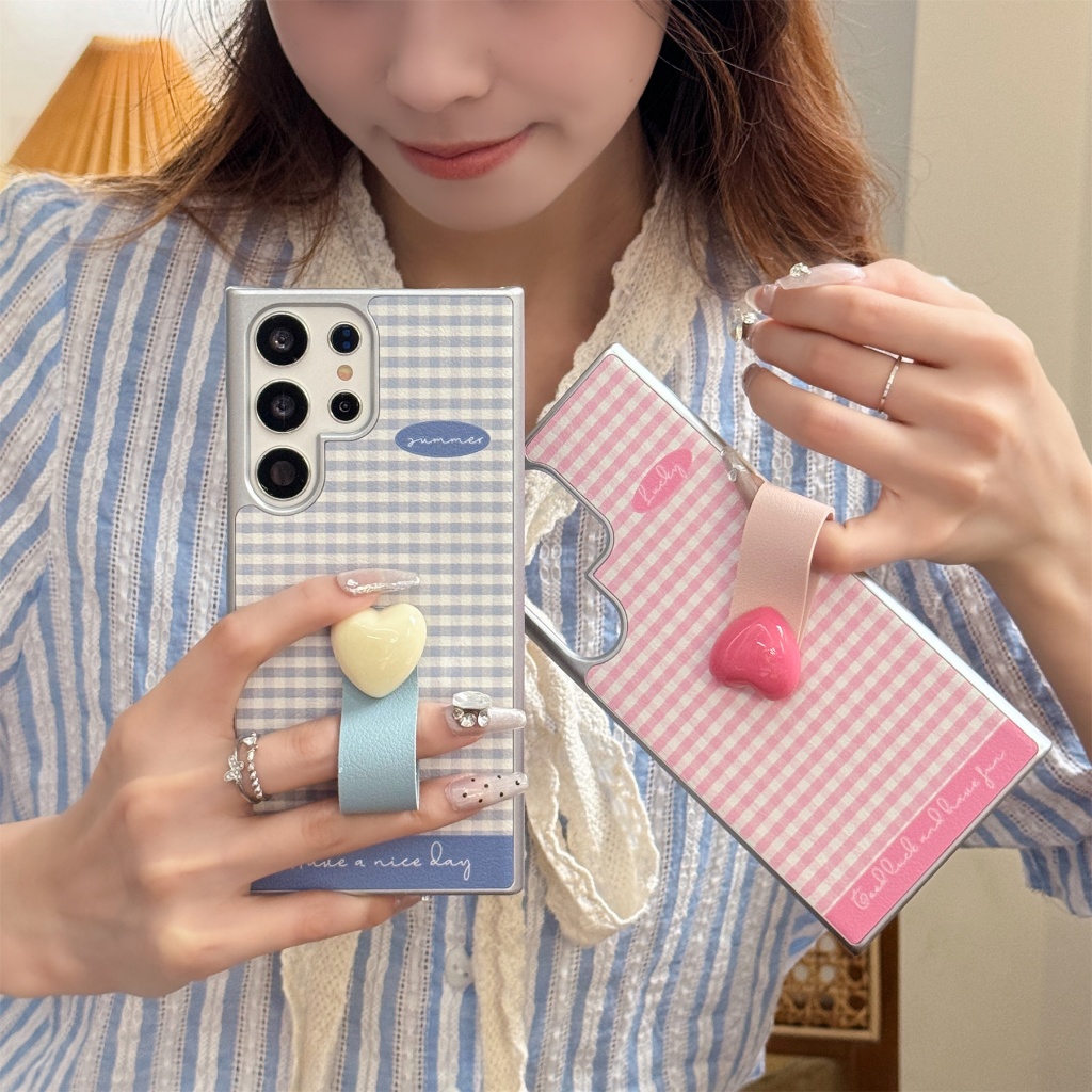 Simple เกาหลี Lattice รูปแบบสีชมพูสีฟ้าเคสโทรศัพท์ Love Heart แหวนสําหรับ Samsung Galaxy S25Ultra S24Ultra S23UItra S22UItra กันกระแทก