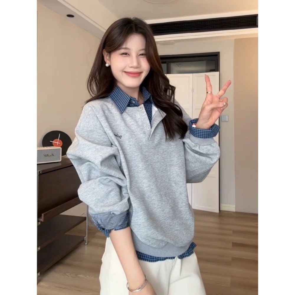 NZN ความรู้สึกการออกแบบเกาหลีปลอมสองชิ้นเย็บปะติดปะต่อกันสีเทาเสื้อกันหนาวผู้หญิงใหม่สบายๆและหลากหลายหลวมแขนยาวด้านบนในฤดูหน