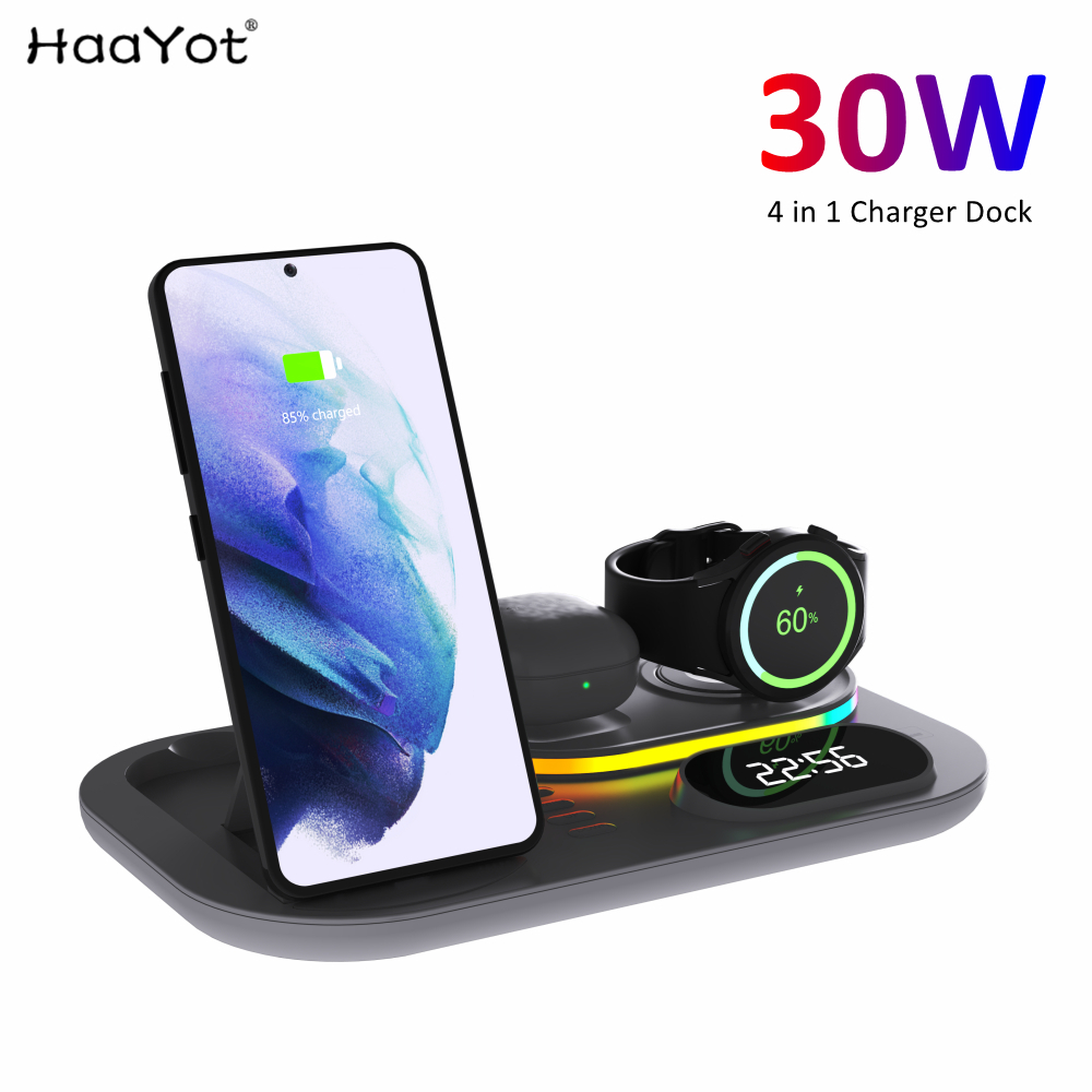 Rgb Wireless Charger Dock 4 in 1 สถานีชาร์จสําหรับ iPhone สําหรับ Samsung S25 S24 S23 Ultra Galaxy Watch buds
