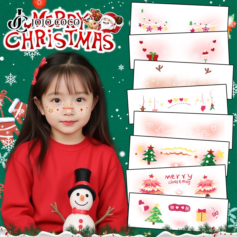 โจโจ้ โกโก้ สติกเกอร์รอยสักคริสต์มาสการ์ตูนน่ารักเกล็ดหิมะกวางสร้างสรรค์แต่งหน้าสติกเกอร์ใบหน้าพรรคอ