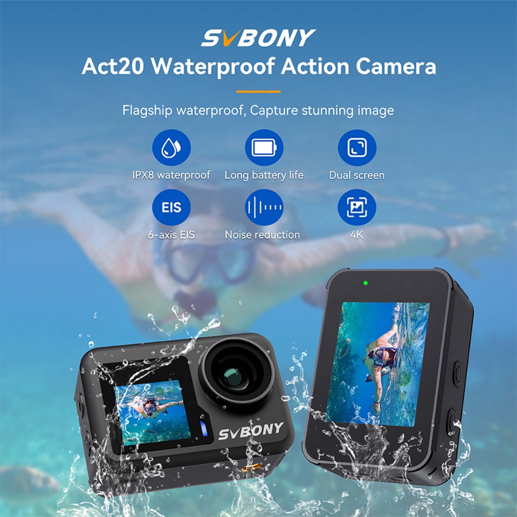 Svbony Act20 4K WiFi Action Camera 4X ซูม 20MP 2" หน้าจอสัมผัส Vlog Life Records 2 แบตเตอรี่