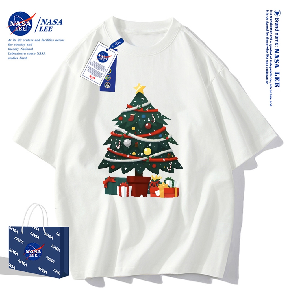 เสื้อยืดแขนสั้น NASA - ต้นคริสต์มาสสีเขียว, 100% ผ้าฝ้าย, ยูนิเซ็กซ์