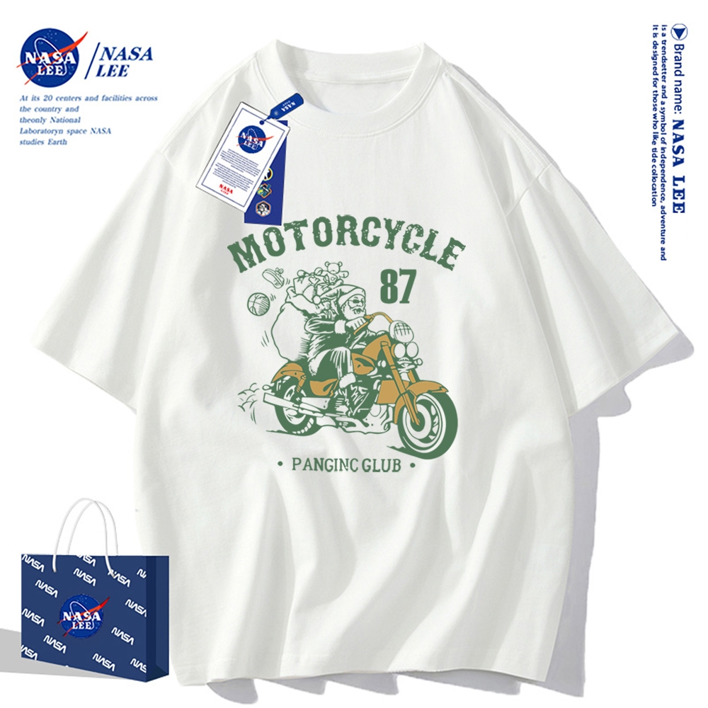 เสื้อยืดแขนสั้น NASA - ซานตาคลอสถือของขวัญ, 100% ผ้าฝ้าย, ยูนิเซ็กซ์