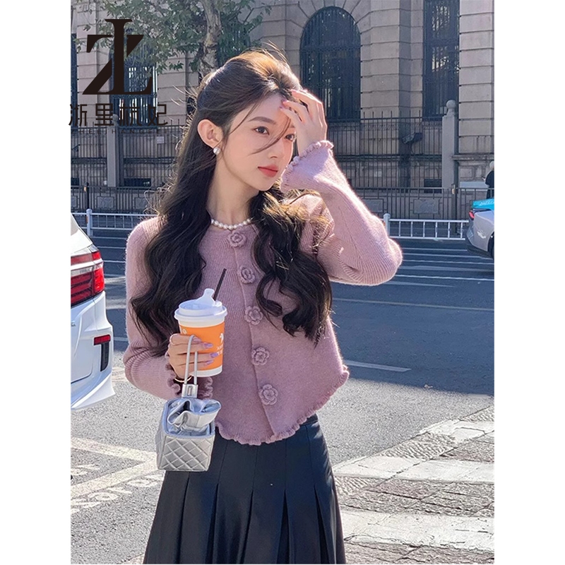 ZHELIHANGFEI เสื้อคาร์ดิแกนถักสีม่วง เอวสูง เสื้อเบลาส์ เสื้อโค้ท