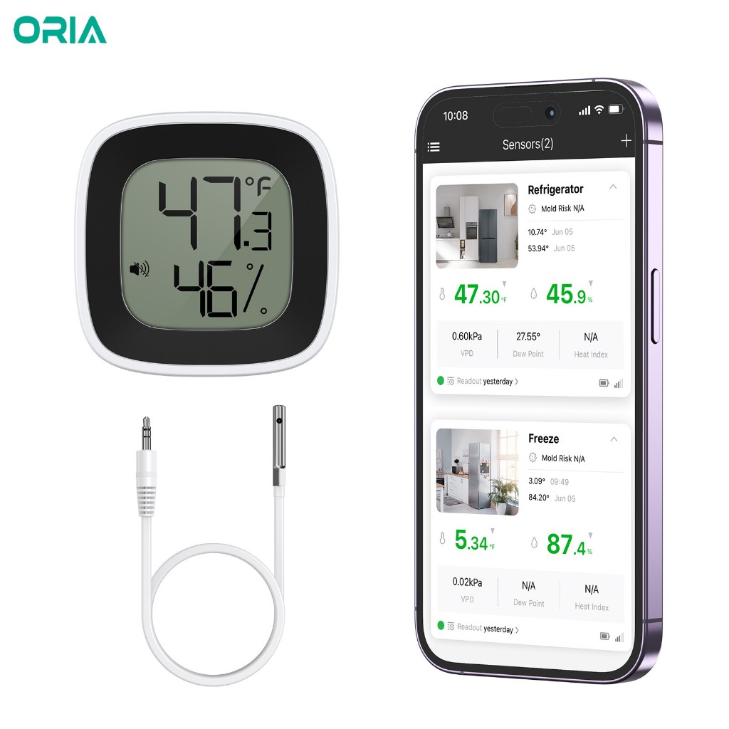 Oria บลูทูธเครื่องวัดอุณหภูมิตู้เย็น Digital Monitor Sensor ระยะเชื่อมต่อ 164ft APP Alert พร้อม Probe สําหรับตู้เย็น