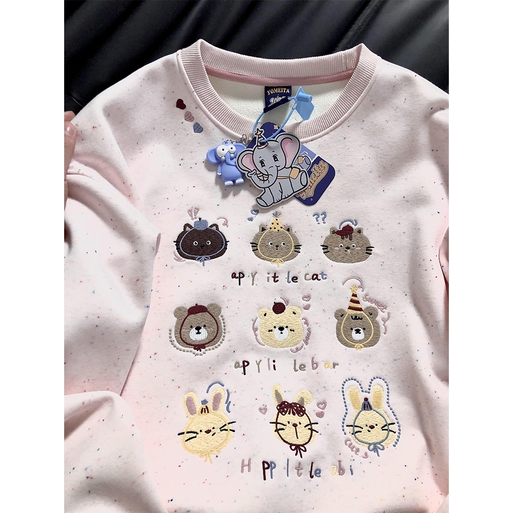 【BANKO】เวอร์ชั่นเกาหลีฤดูใบไม้ร่วงฤดูหนาวเสื้อผ้าผู้หญิงหลวมการ์ตูนปักจุดที่มีสีสันสีชมพูแขนยาว