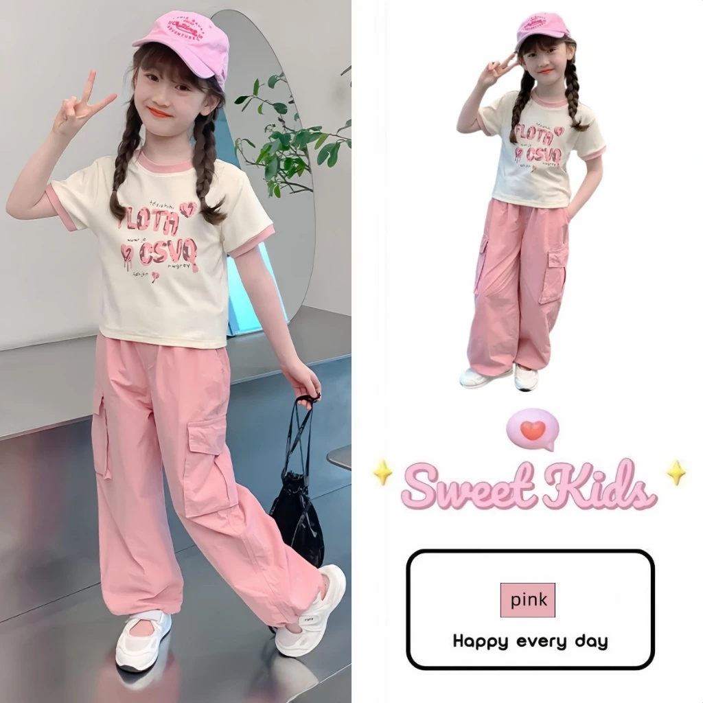 SweetKids พร้อมส่งจากกทม🌸ชุดเซ็ทเด็กสาวน่ารัก🍓เสื้อผ้าลำลองแขนสั้นกางเกงขายาว สีชมพู 2ชิ้น แฟชั่นฤดูร้อน