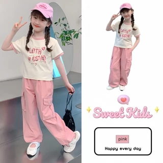 SweetKids พร้อมส่งจากกทม🌸ชุดเซ็ทเด็กสาวน่ารัก🍓เสื้อผ้าลำลองแขนสั้นกางเกงขายาว สีชมพู 2ชิ้น แฟชั่นฤดูร้อน