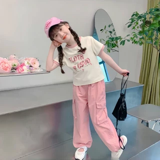 SweetKids พร้อมส่งจากกทม🌸ชุดเซ็ทเด็กสาวน่ารัก🍓เสื้อผ้าลำลองแขนสั้นกางเกงขายาว สีชมพู 2ชิ้น แฟชั่นฤดูร้อน