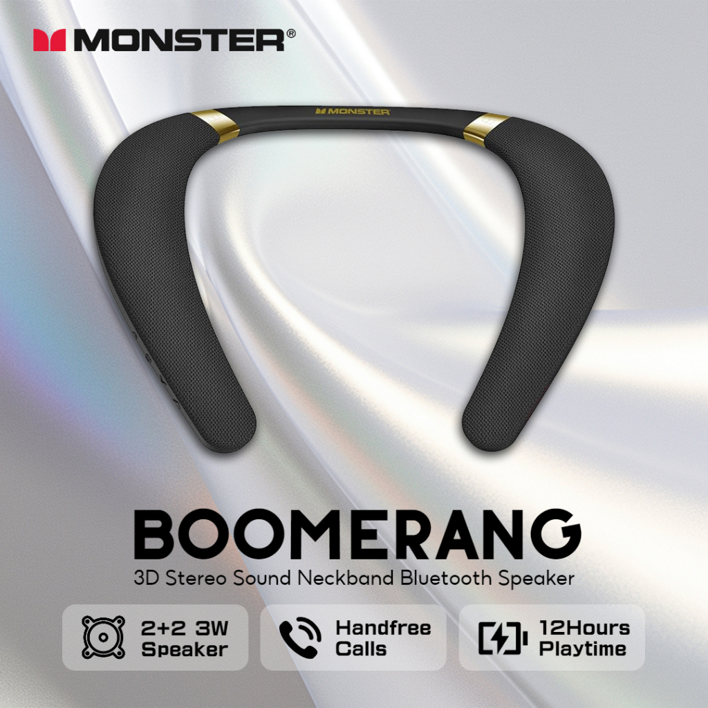Monster Boomerang 3D เสียงสเตอริโอสายคล้องคอลําโพงบลูทูธ 12H เวลาเล่นคอลําโพง IPX7 กันน้ําไร้สายสวมใส่ลําโพง